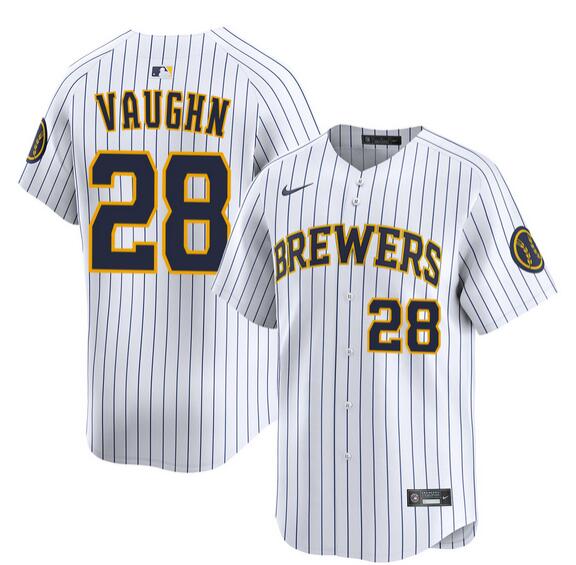 Men's Milwaukee Brewers #28 Andrew Vaughn White Alternate Limited Stitched Baseball Jersey Men's Milwaukee Brewers #28 Andrew Vaughn White Alternate Limited Stitched Baseball Jersey